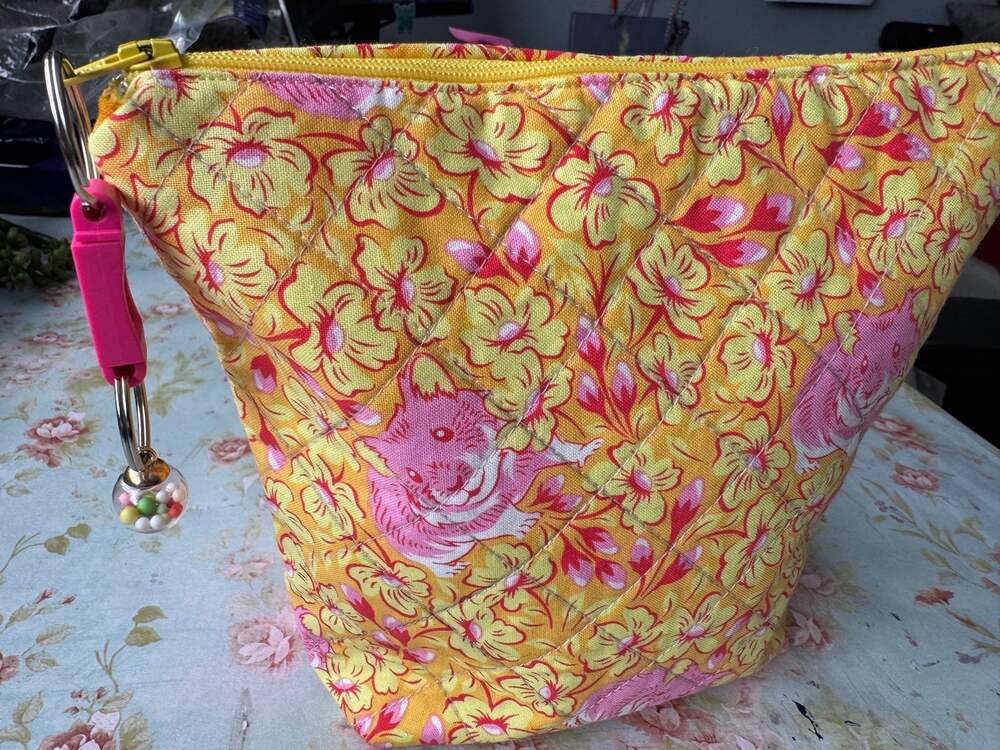 Handmade Yellow & Pink Floral Mouse/Gerbil Quilted Makeup Lined Bag Zipper Pouch